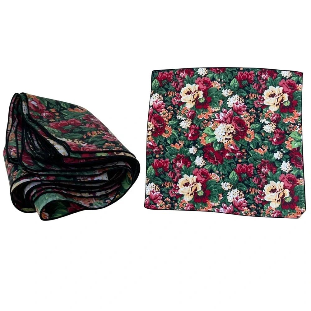 Vintage Floral Cloth Napkins Set of 13 Green Red Rose Botanical Table Linens